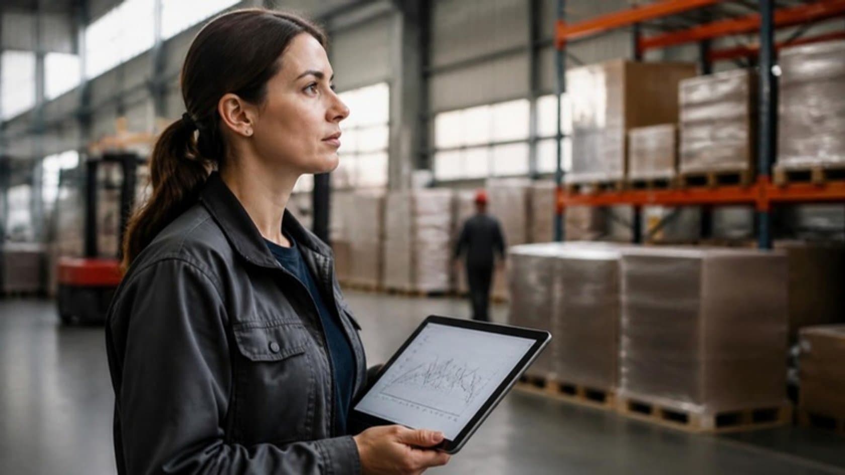 Production planner in a factory warehouse reading a demand forecast chart on a tablet