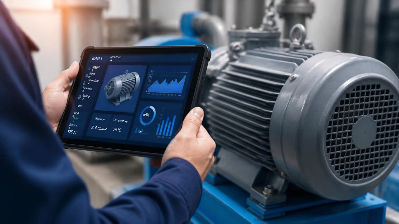 Engineer checking a motor's vibration and temperature readings on a tablet beside an industrial pump