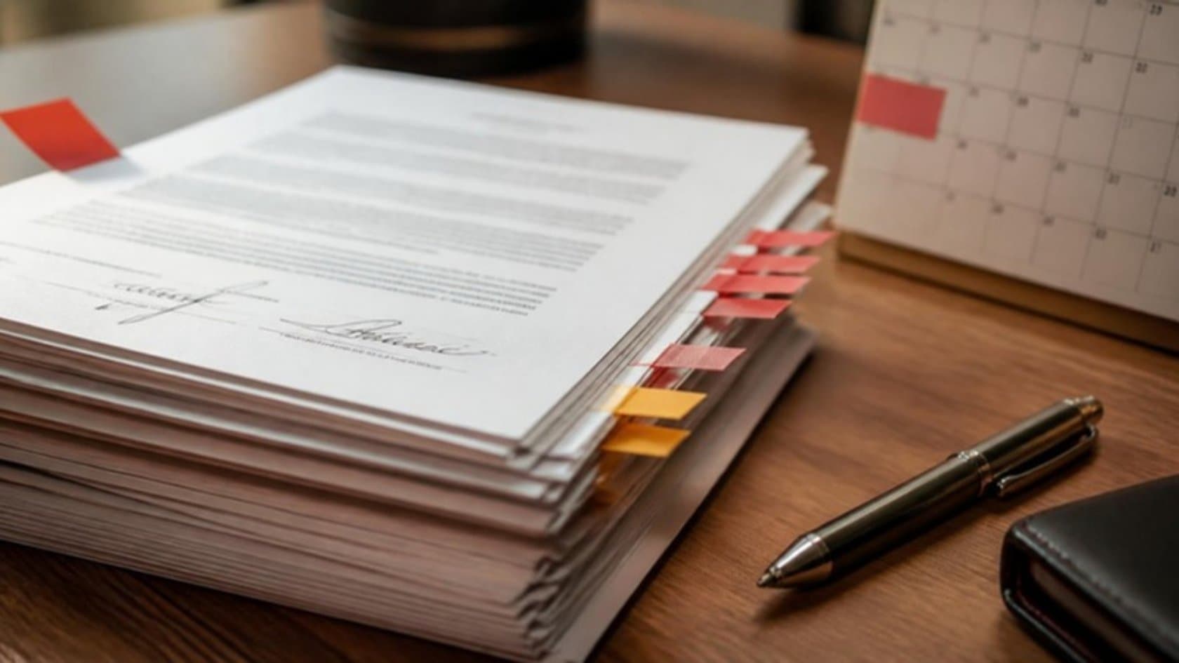 Stack of signed contracts with colored tabs marking renewal pages beside a calendar