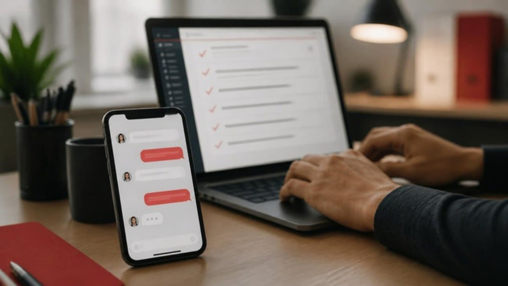 Smartphone showing a customer chat beside a laptop with a checklist of completed back-office tasks