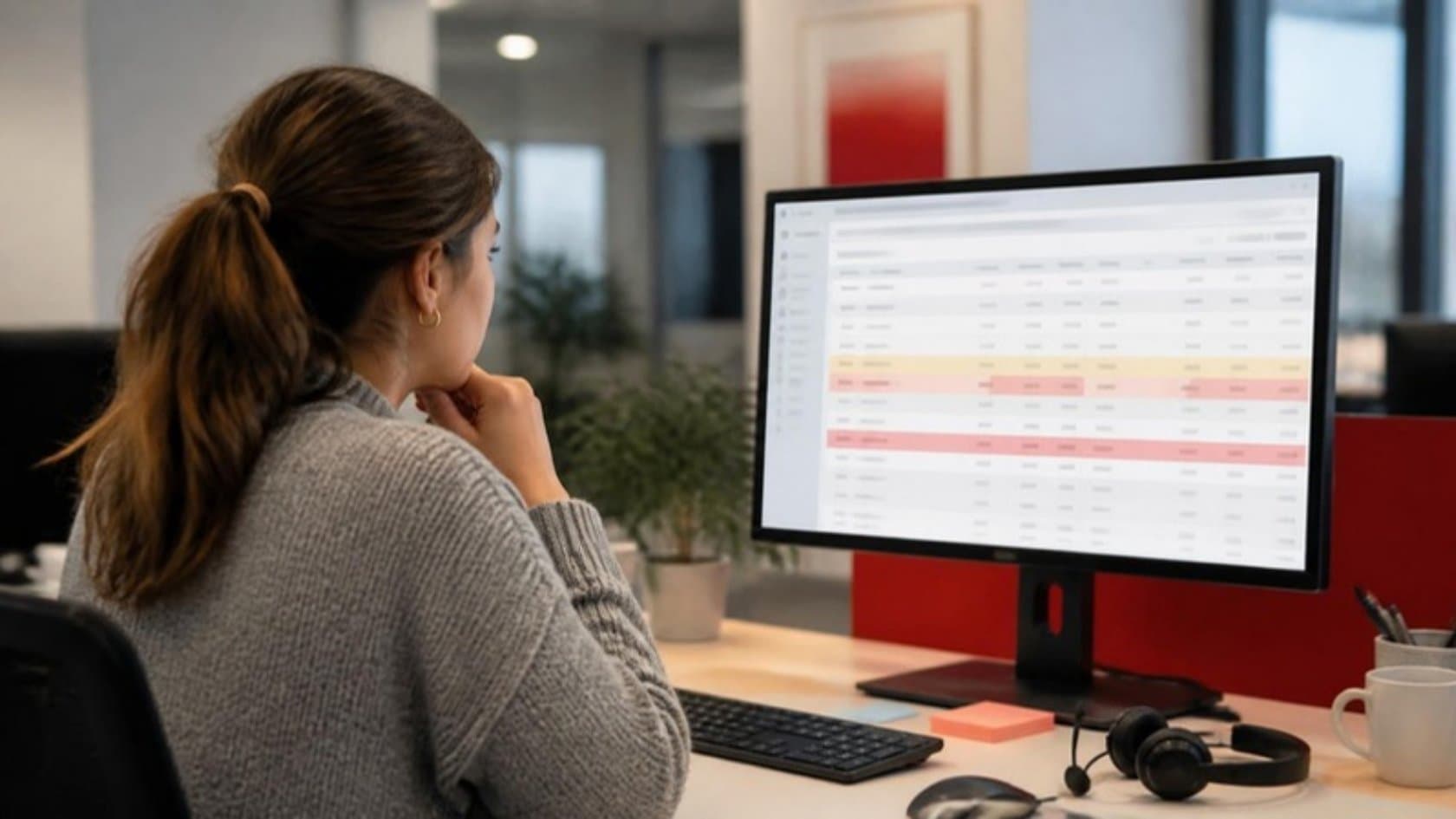 Customer success manager reviewing a dashboard of accounts flagged for churn risk