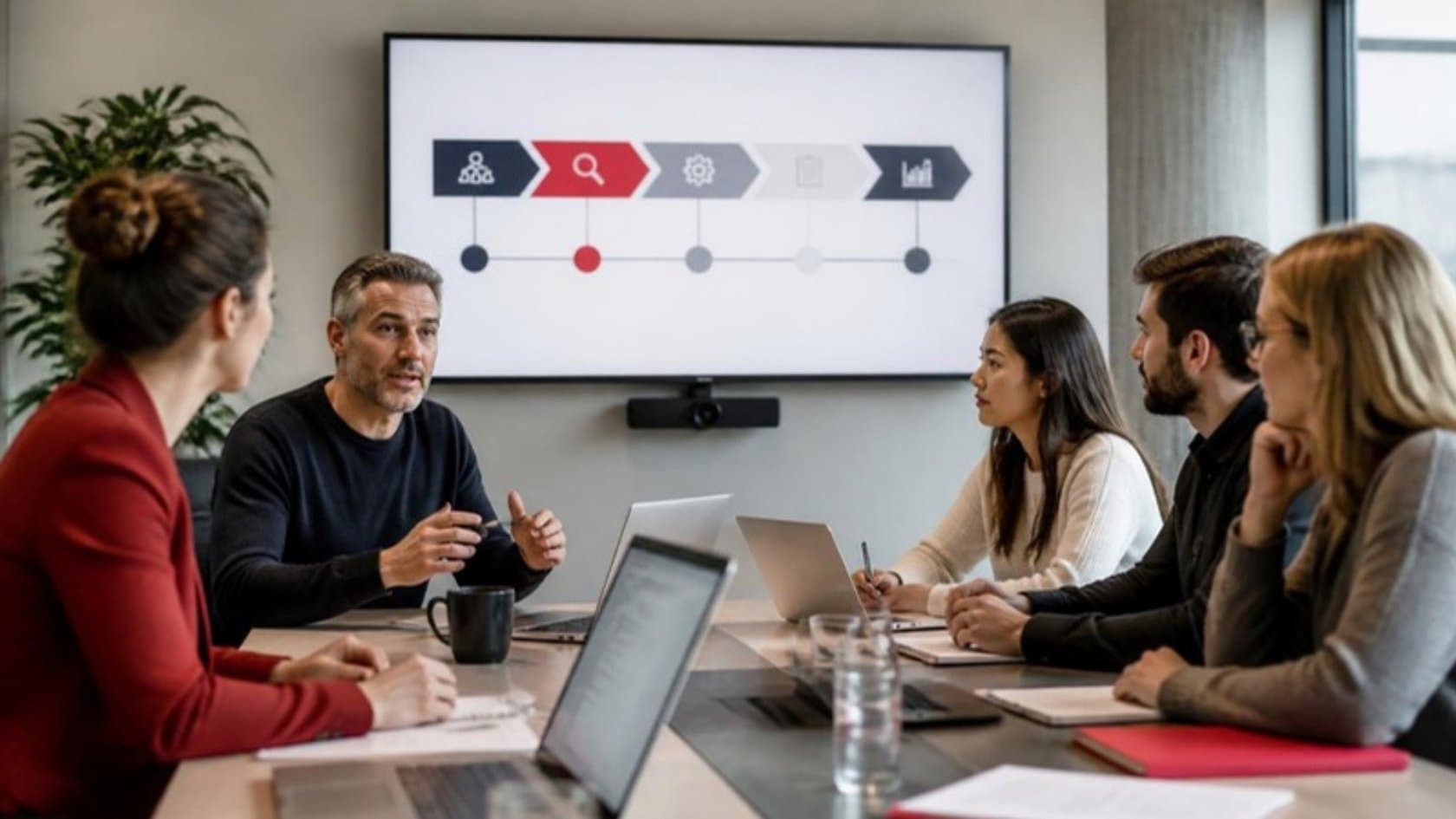 Project team planning an ERP rollout around a meeting table with a phased timeline on screen