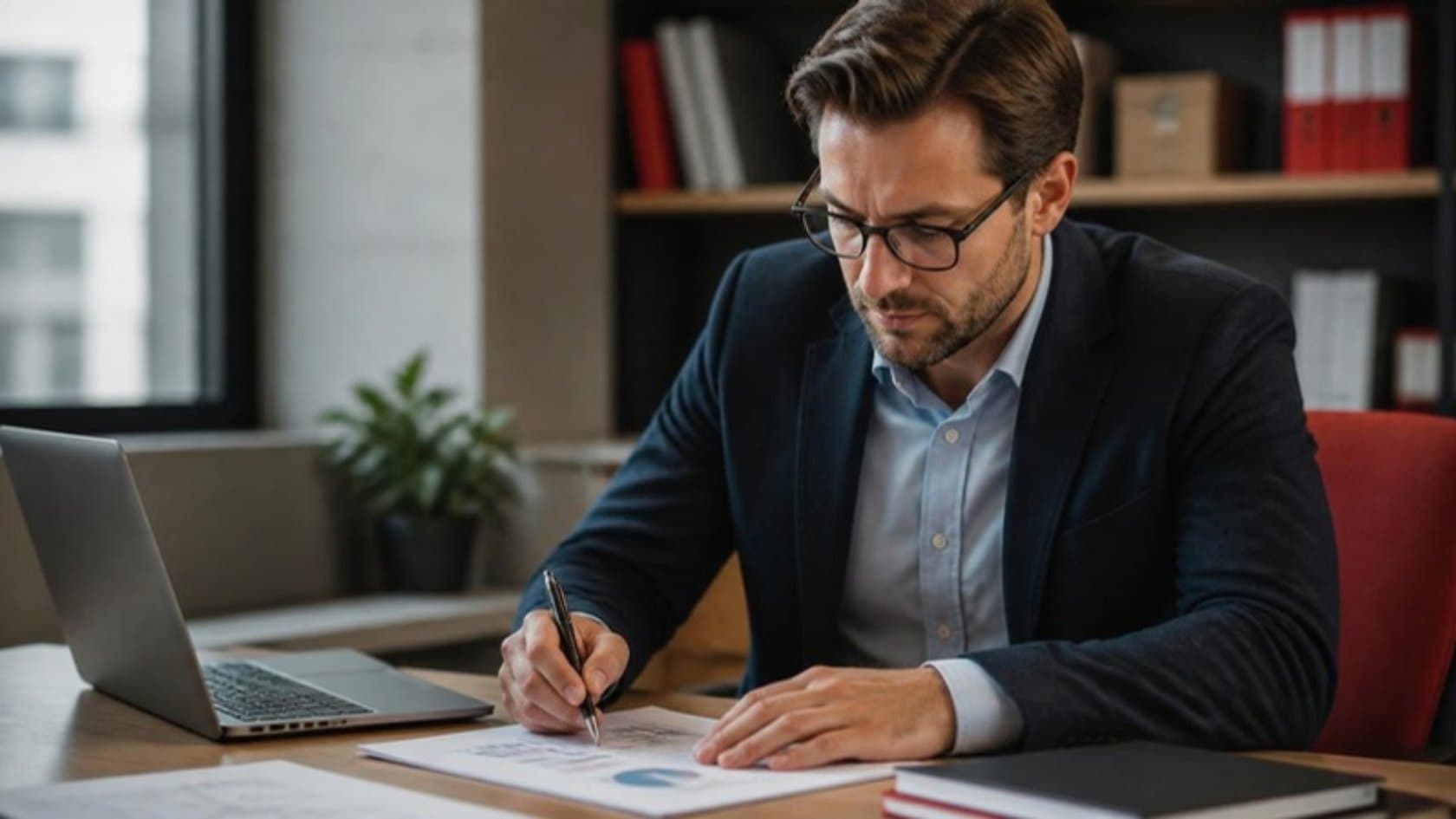 Finance manager reviewing and marking a software-prepared summary before approving it