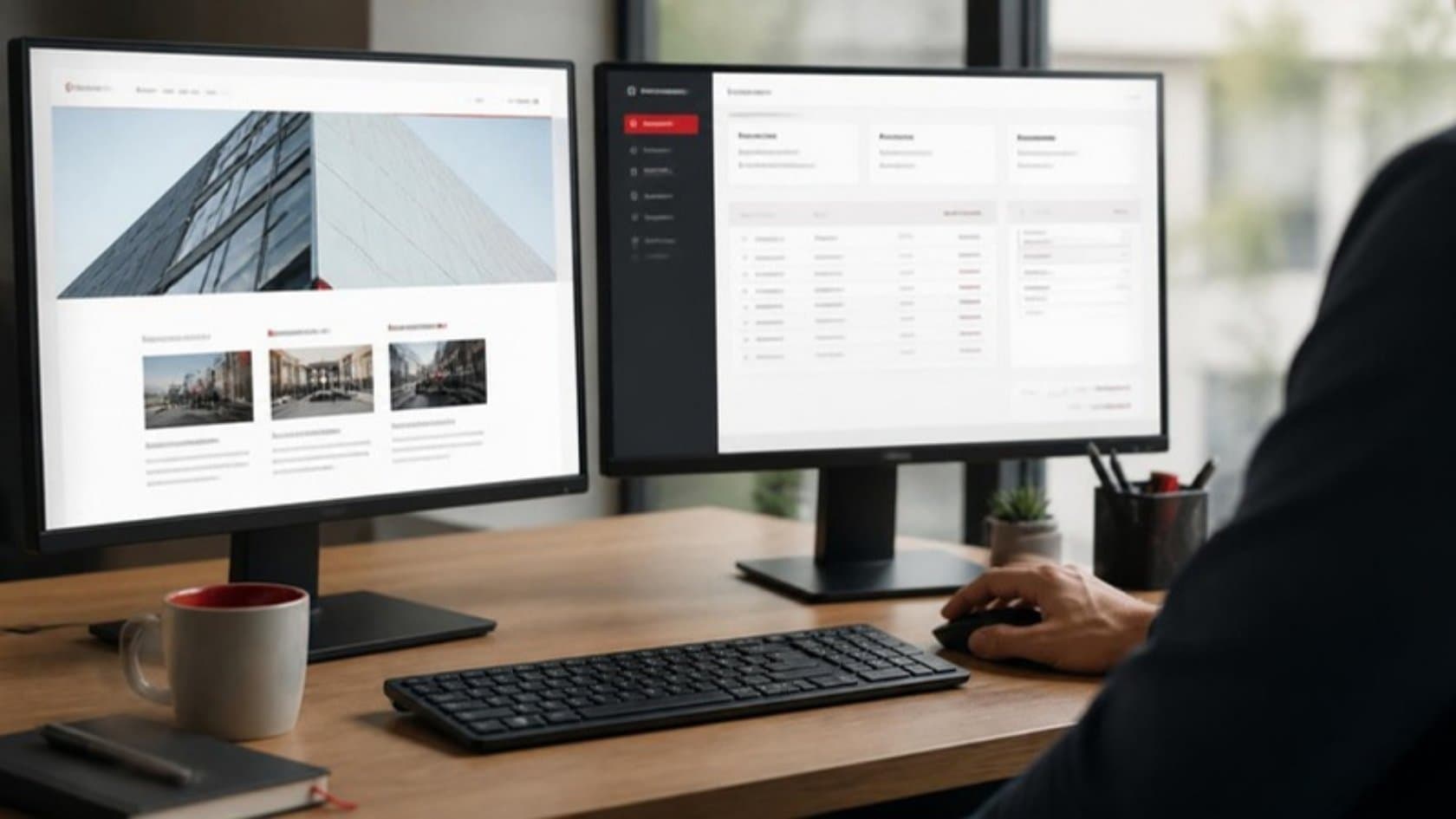Two monitors showing a company website next to a staff web application dashboard