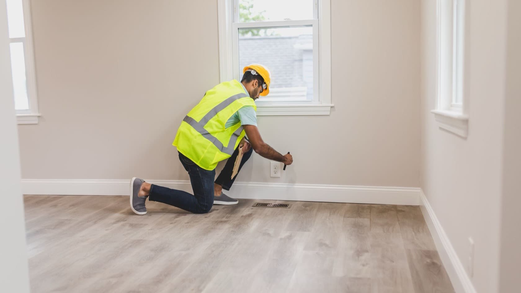 Maintenance technician in a high-visibility vest checking a wall socket in an empty apartment