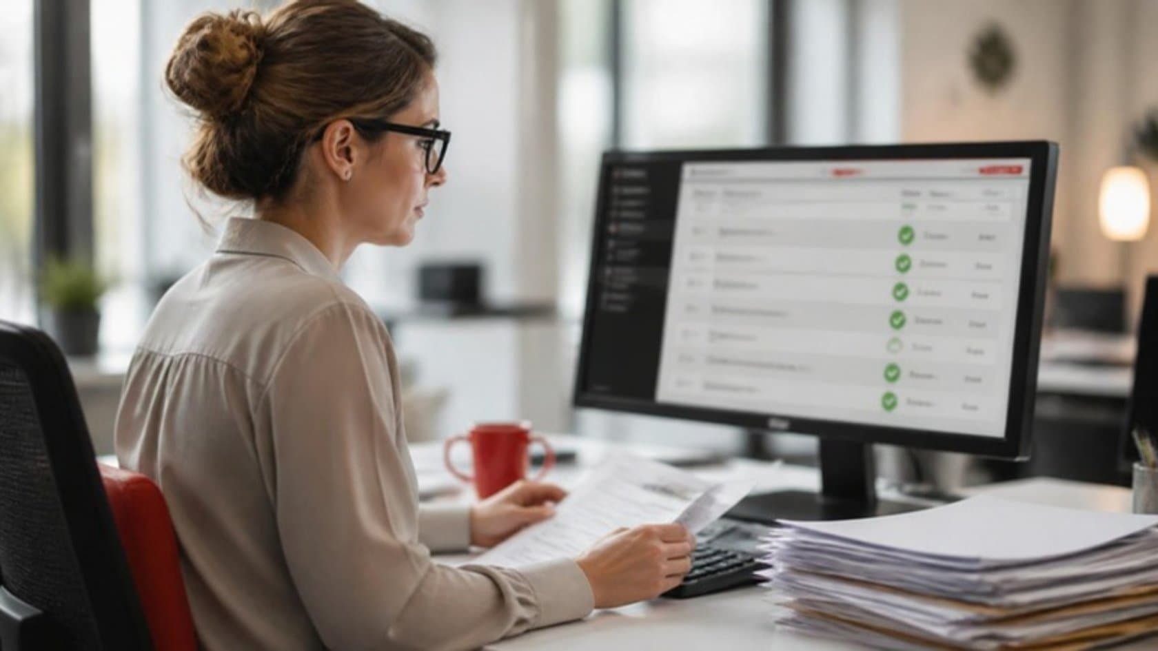 Accounts payable clerk checking invoices matched to purchase orders on a monitor beside a stack of paper invoices