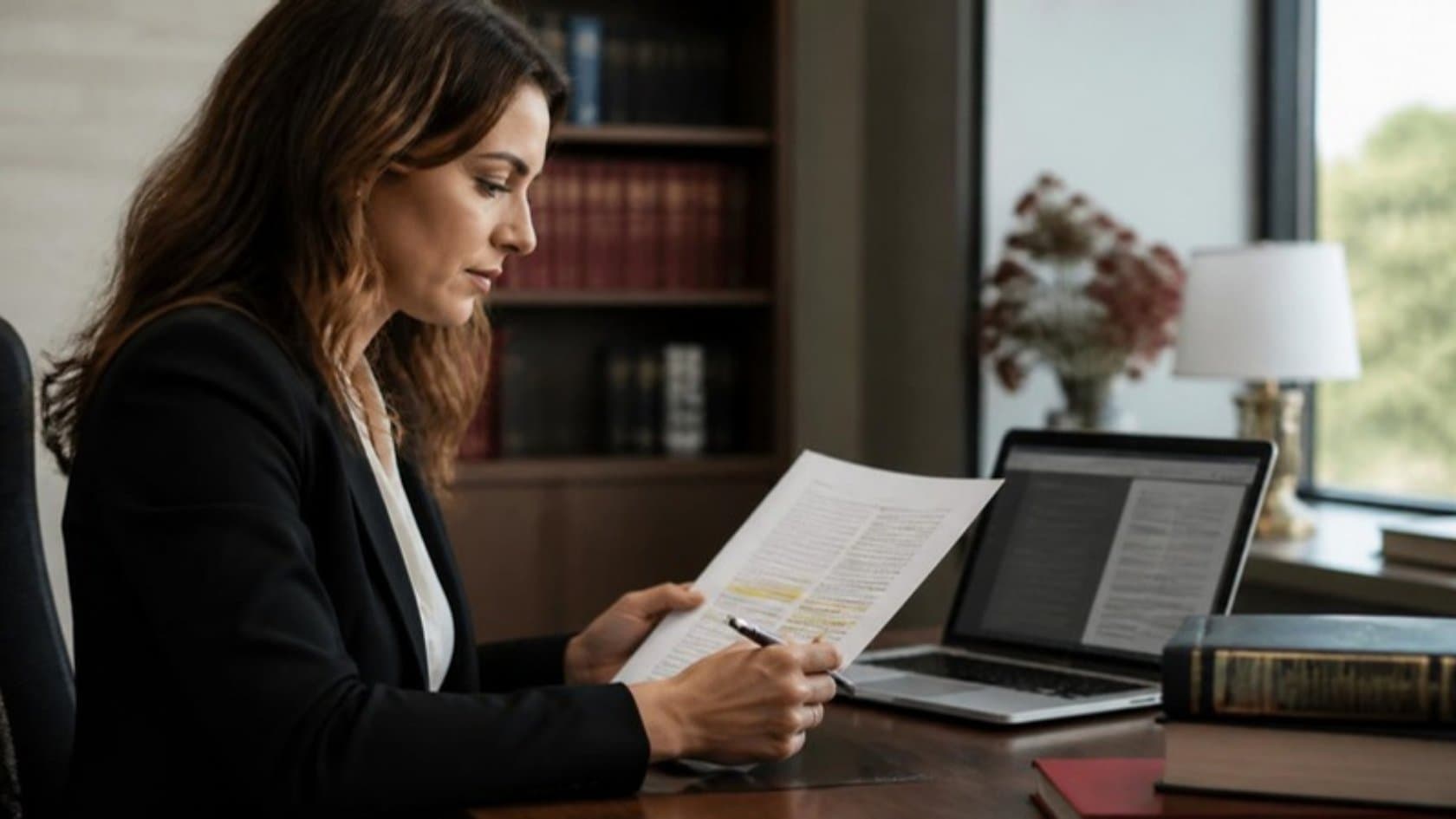 Legal professional reviewing a printed contract with highlighted clauses beside a laptop