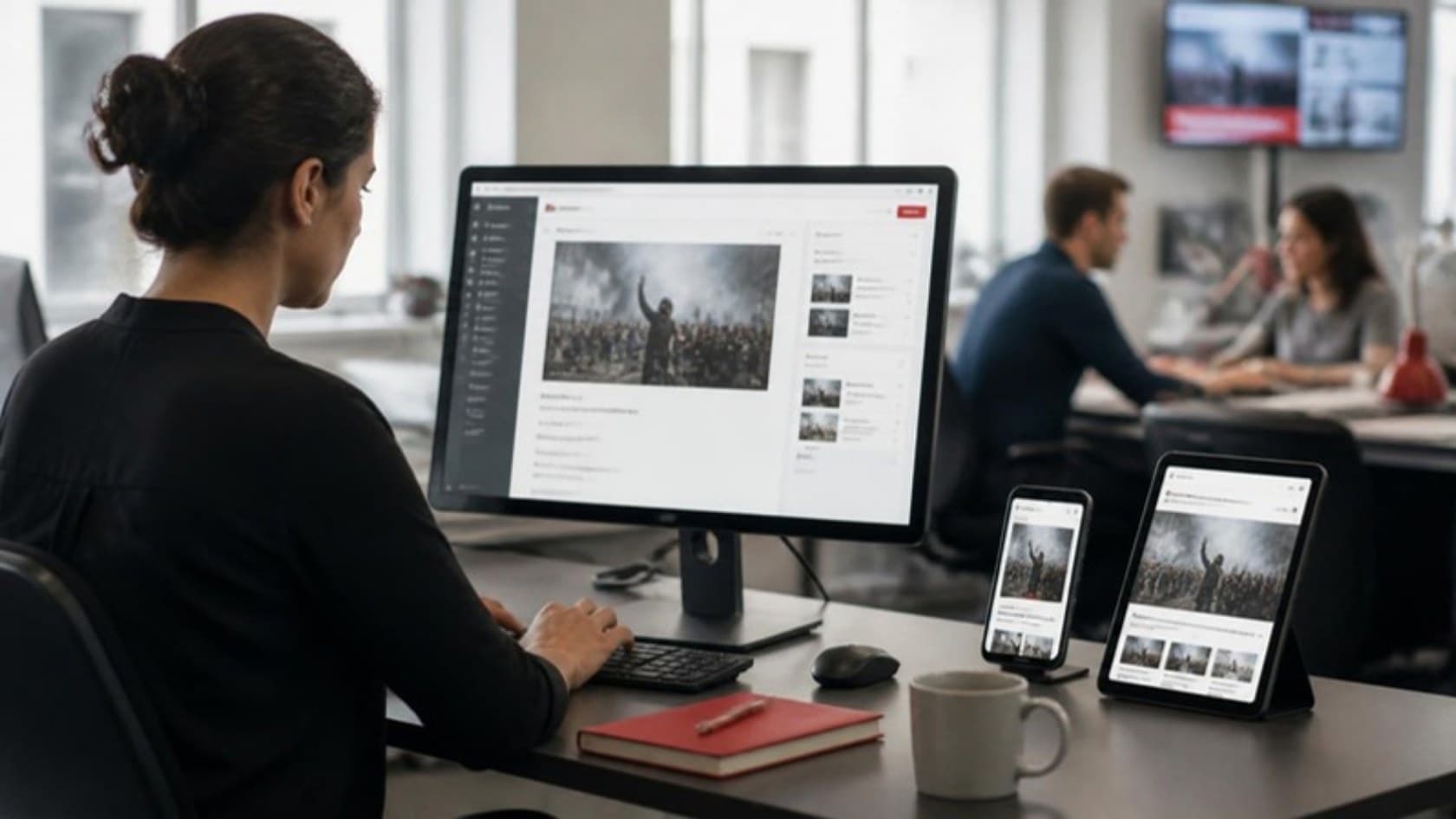 Editor publishing a story in the newsroom CMS while a phone and tablet show it in the news app