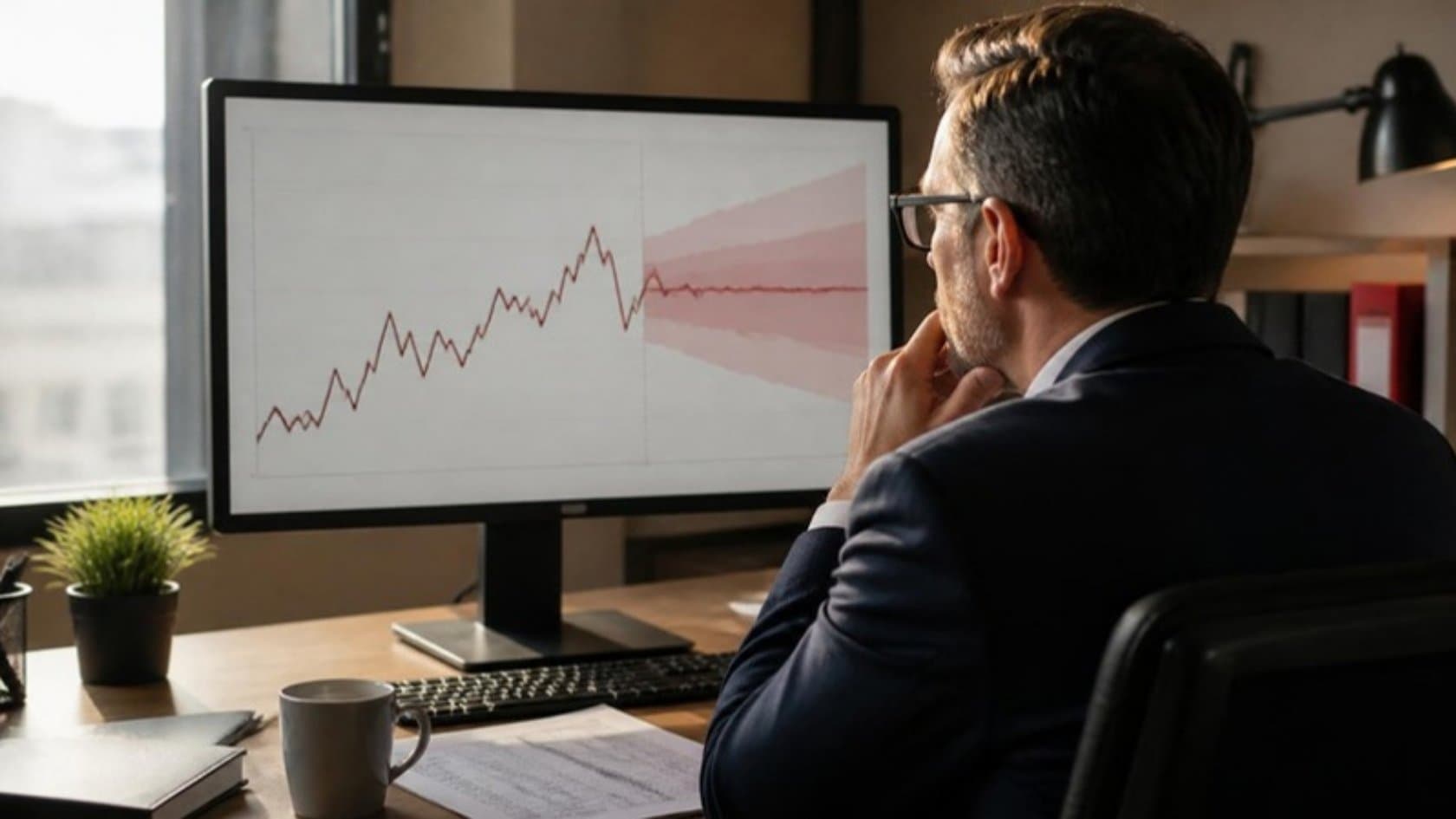 Finance manager studying a cash flow forecast chart with a widening forecast range