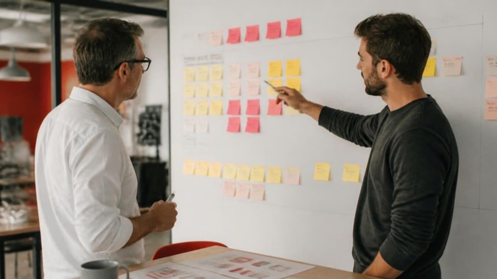 Business owner and developer estimating a custom software project on a whiteboard of sticky notes