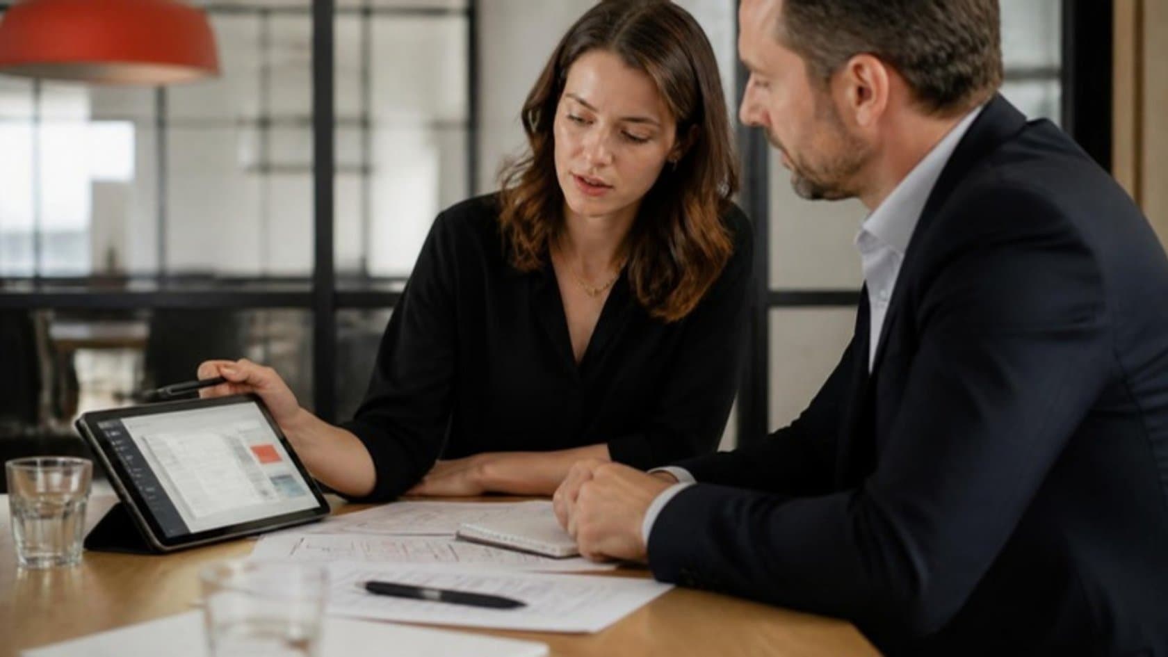 Two managers comparing an off-the-shelf software plan with printed custom software wireframes