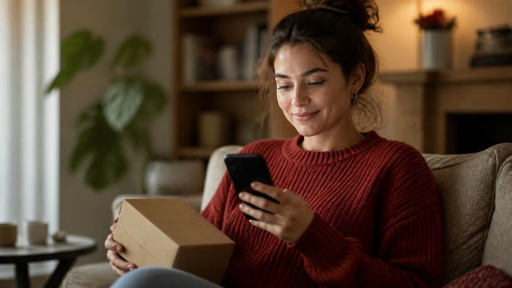 Customer at home holding a delivery parcel while using a support chat on her phone