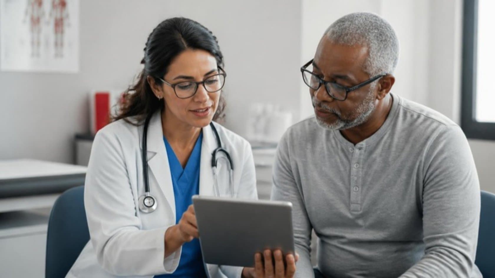 Doctor and patient looking at a health app on a tablet in a clinic consultation room