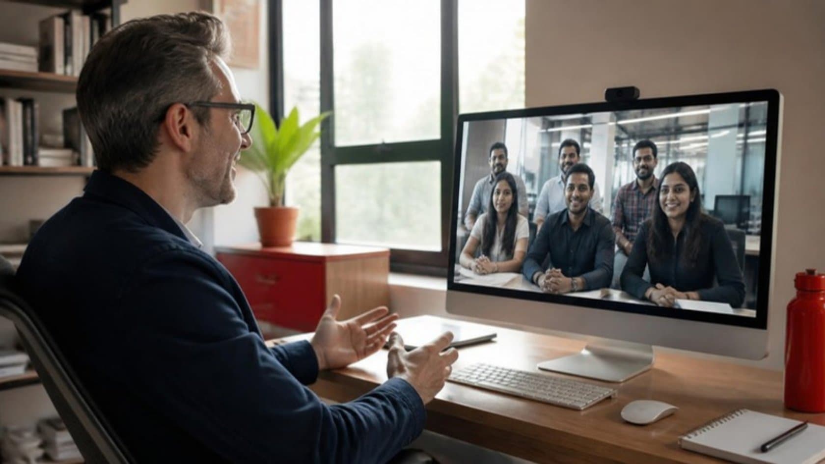 Business owner on a video call with an offshore software development team shown on a large monitor