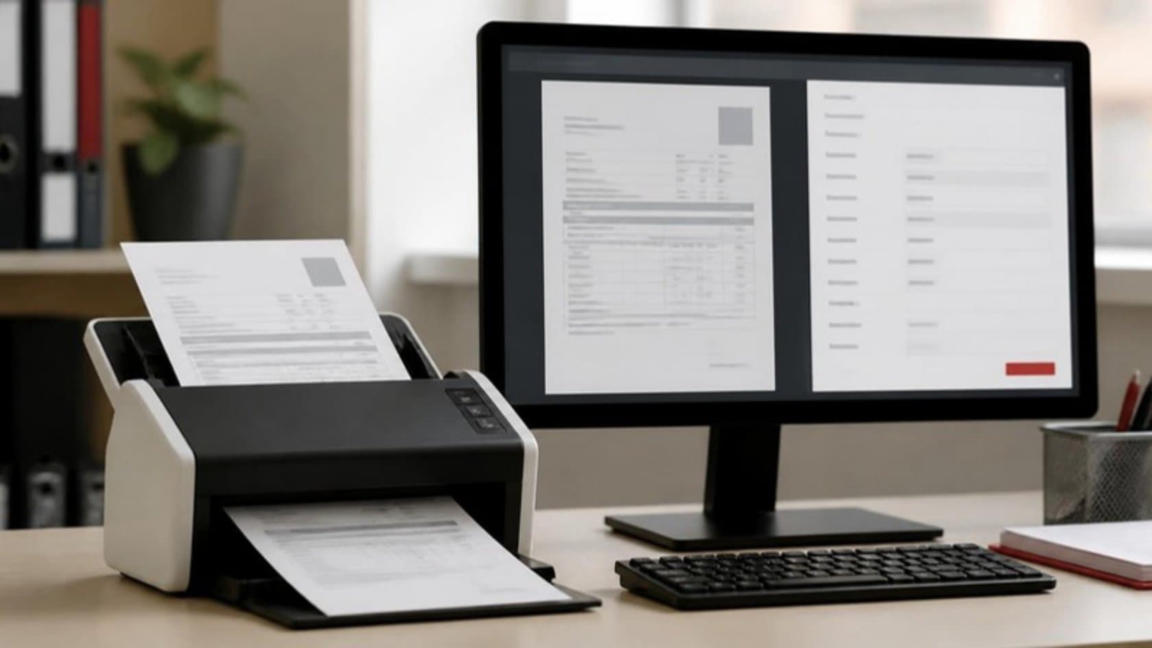 Document scanner feeding invoices next to a monitor showing extracted data fields