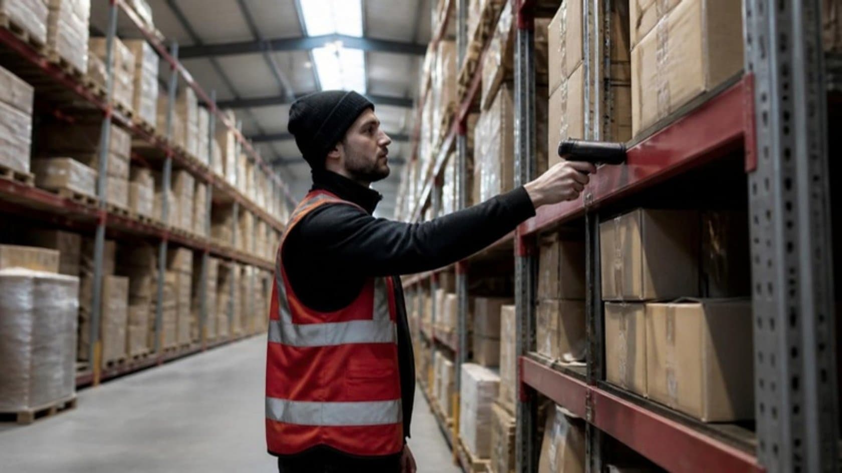 Warehouse worker scanning stock on tall shelves with a handheld barcode scanner