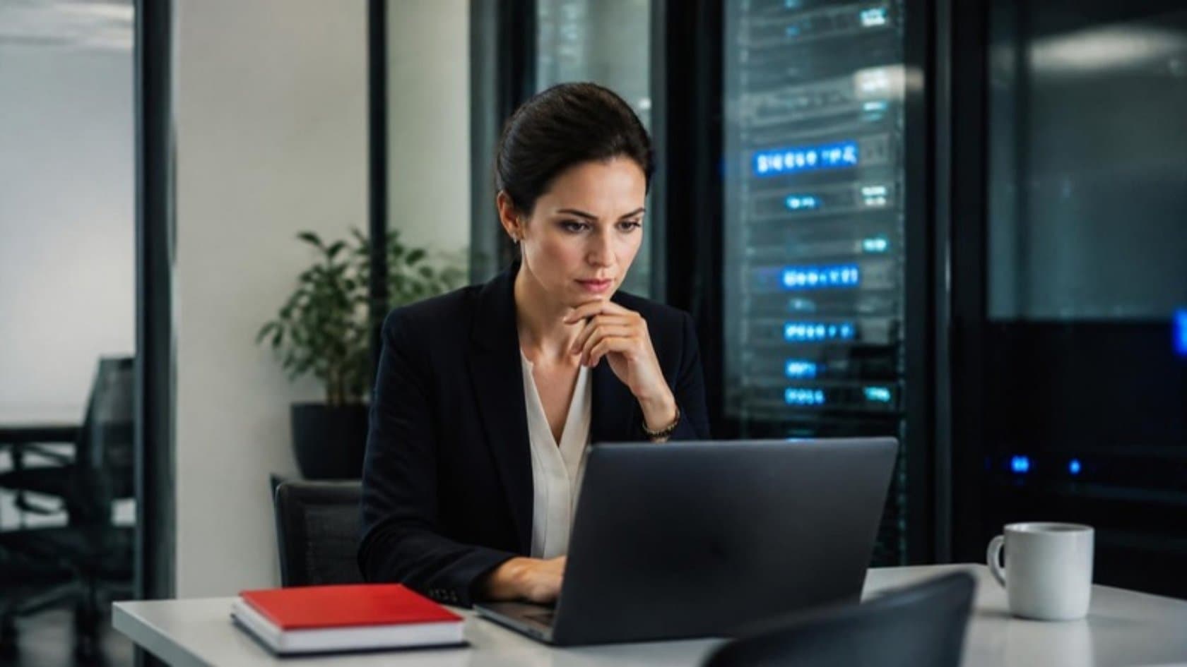Compliance officer reviewing data access settings on a laptop in front of a server room