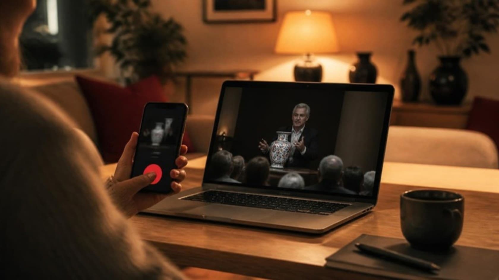 Remote bidder following a live auction on a laptop and bidding from a phone at home