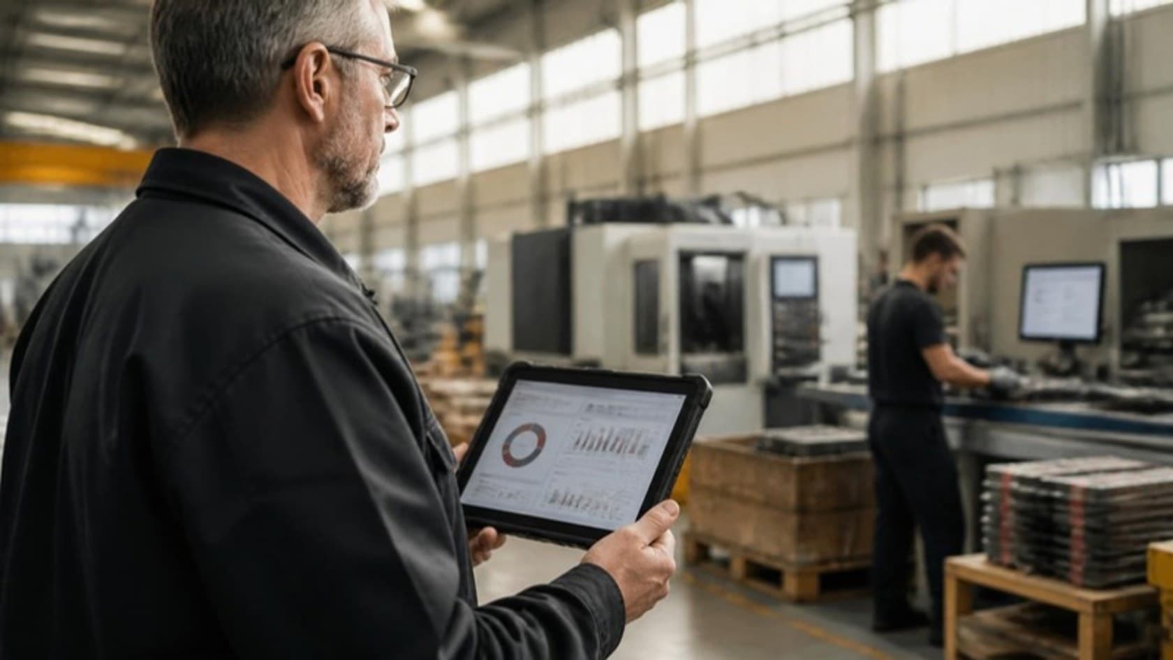 Plant supervisor checking production and inventory figures on a tablet on the factory floor