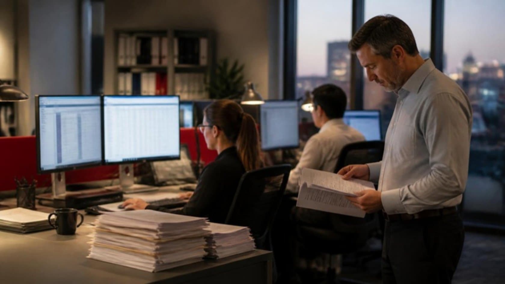 Finance team working late on month-end reconciliations with a manager reviewing a report