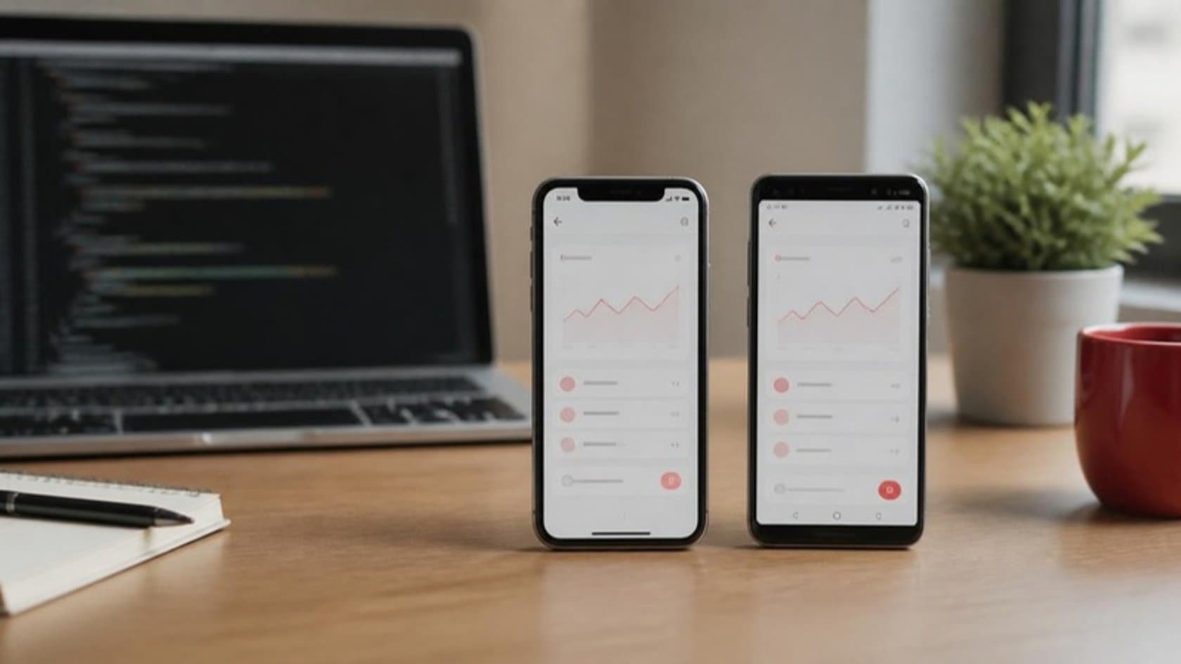 Native iPhone and Android phones side by side running the same business app on a developer's desk
