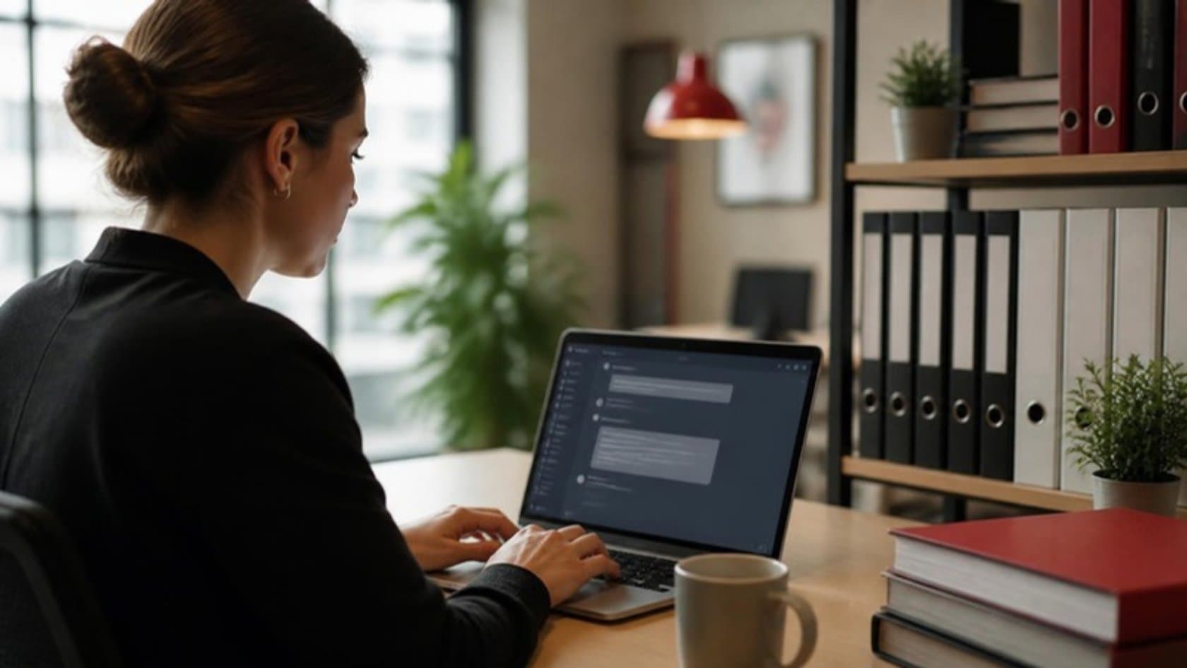 Employee typing a question into an AI assistant beside a shelf of policy binders