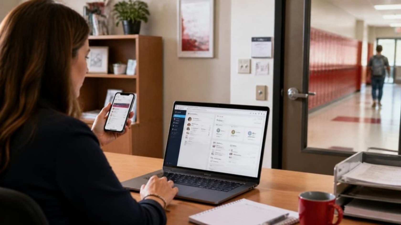 School office staff member using the admin system on a laptop and a phone