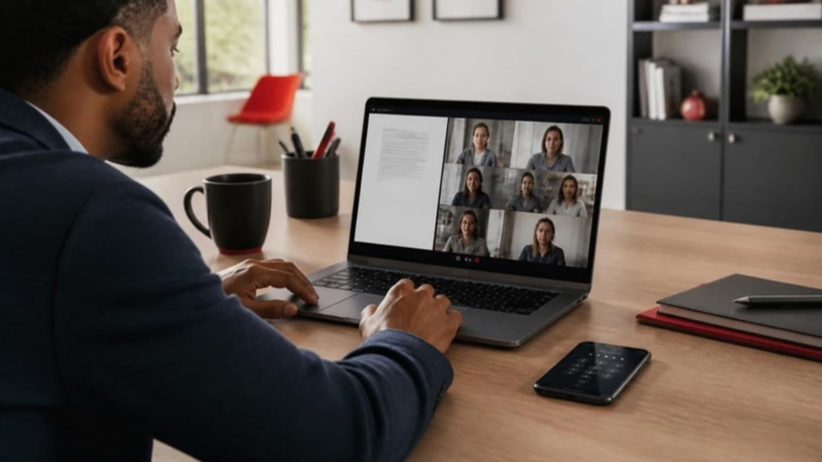 Professional on a secure video call with screen sharing, a PIN-locked phone beside the laptop