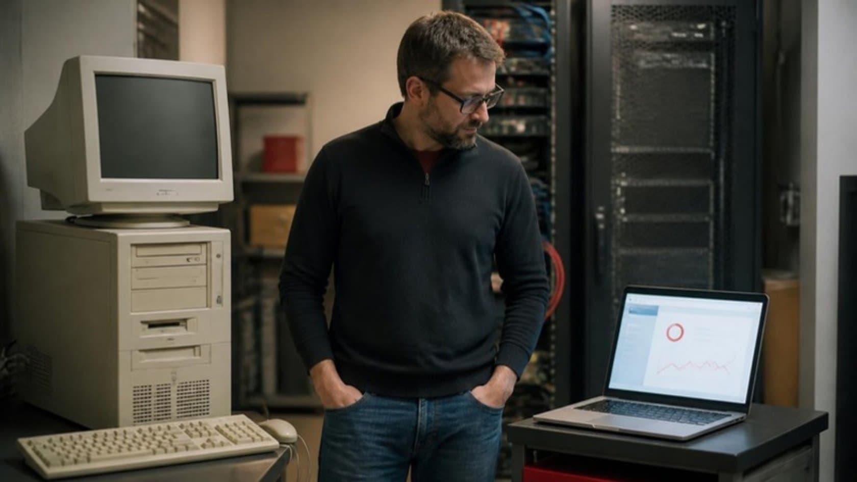 IT manager standing between an old beige desktop computer and a modern laptop in a server room