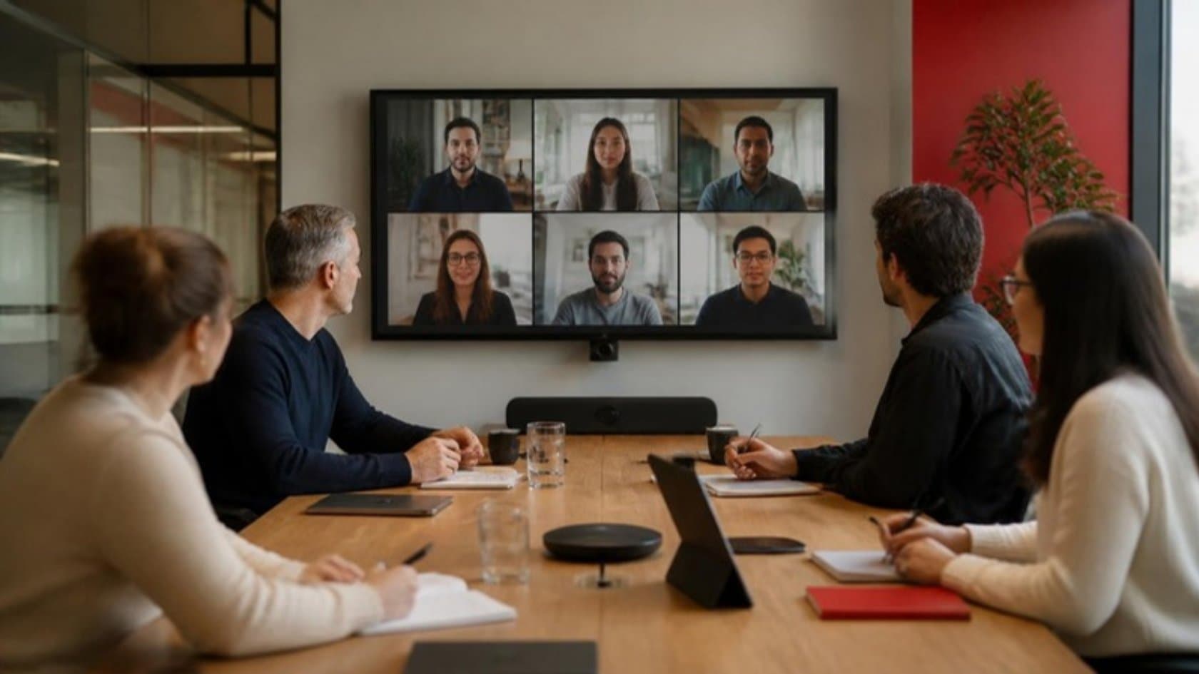 In-office team meeting with remote software developers joining on a large video screen