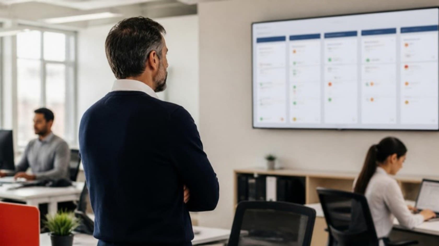 Operations manager reading every team's task status on an office wall screen