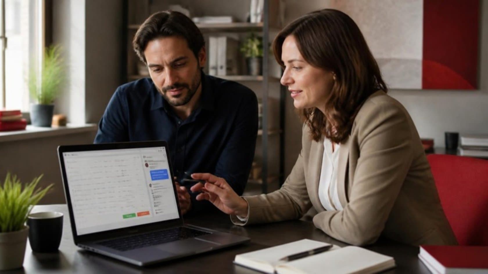 Business owner and operations manager reviewing an AI agent's task queue on a laptop before approving each step
