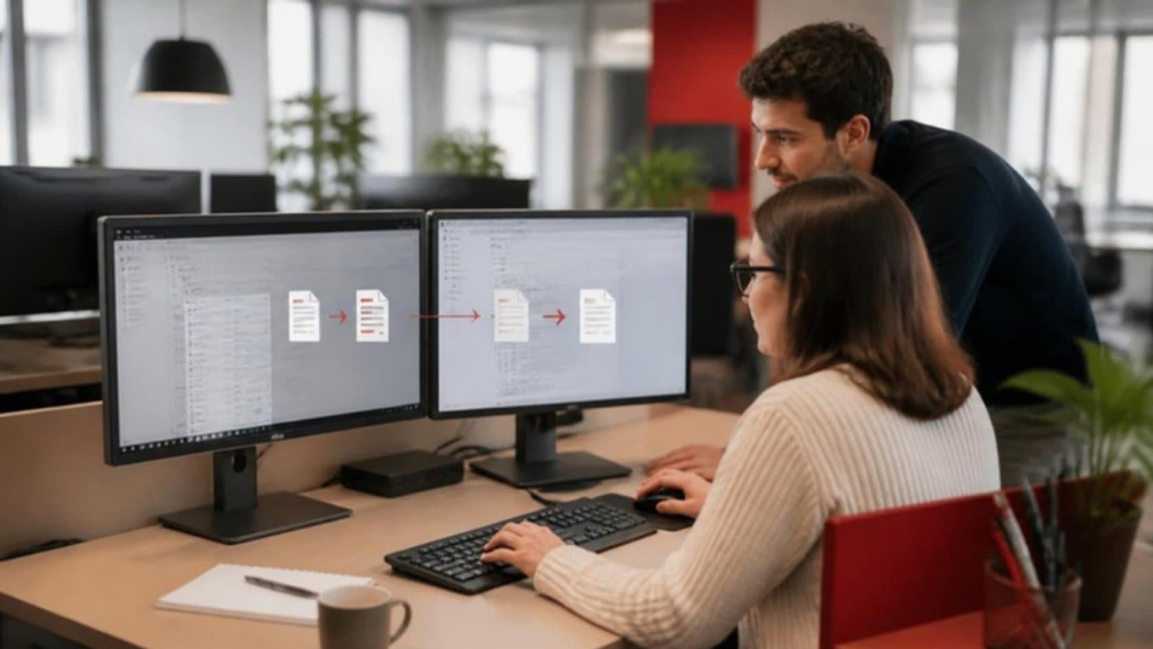 Accounts assistant watching an automated workflow move invoices between two systems on dual monitors