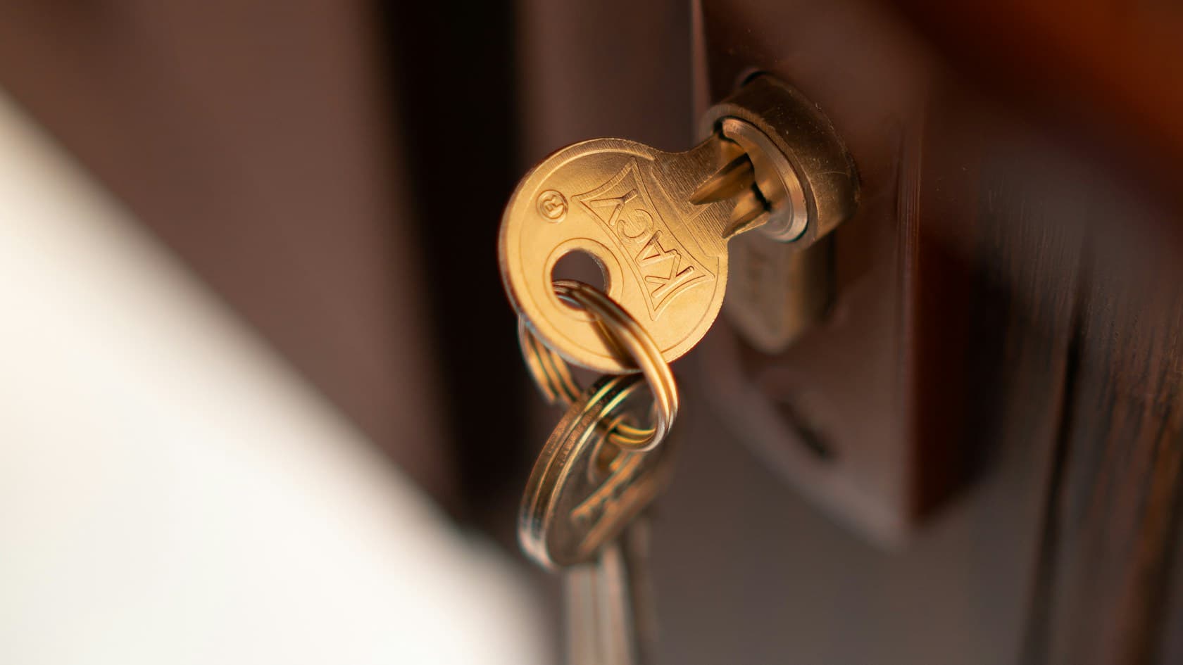 Key left in the lock of a wooden door